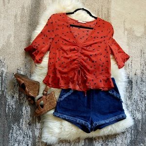 J.O.A. Los Angeles high-waisted, blue jean shorts.